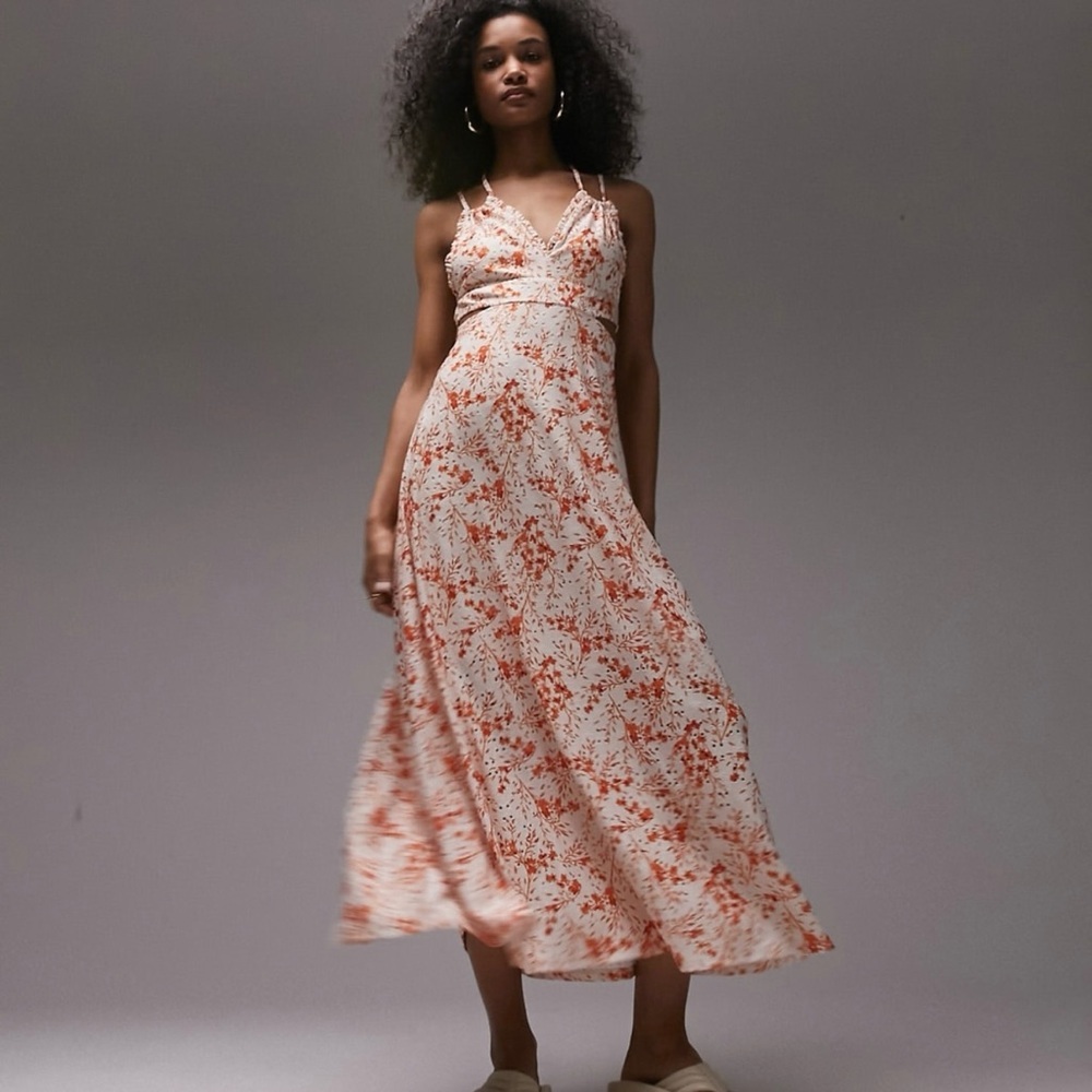 Topshop eyelet midi dress in ditsy orange floral